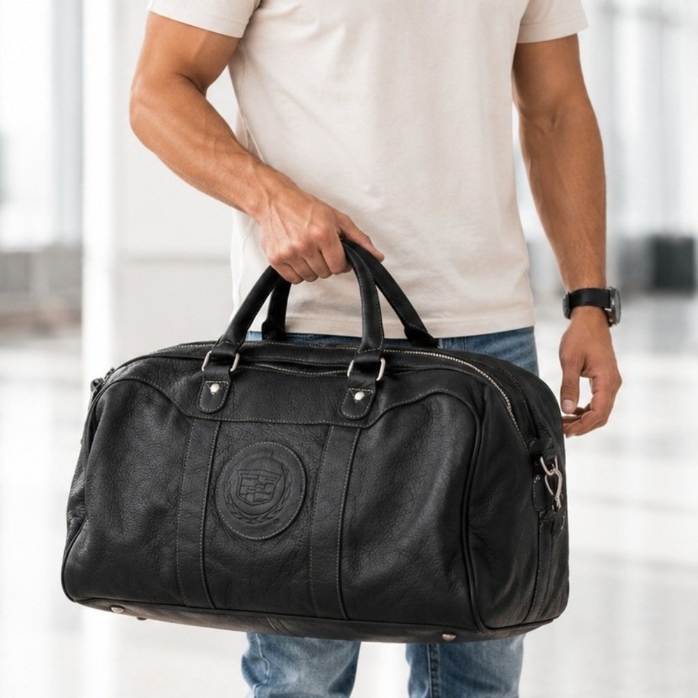 Cadillac Black Leather Duffel Bag Weekender Travel Embossed Crest Logo Mens